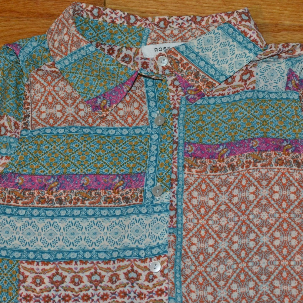 Women’s Rose & Olive Patchwork Button Down Blouse… - image 3